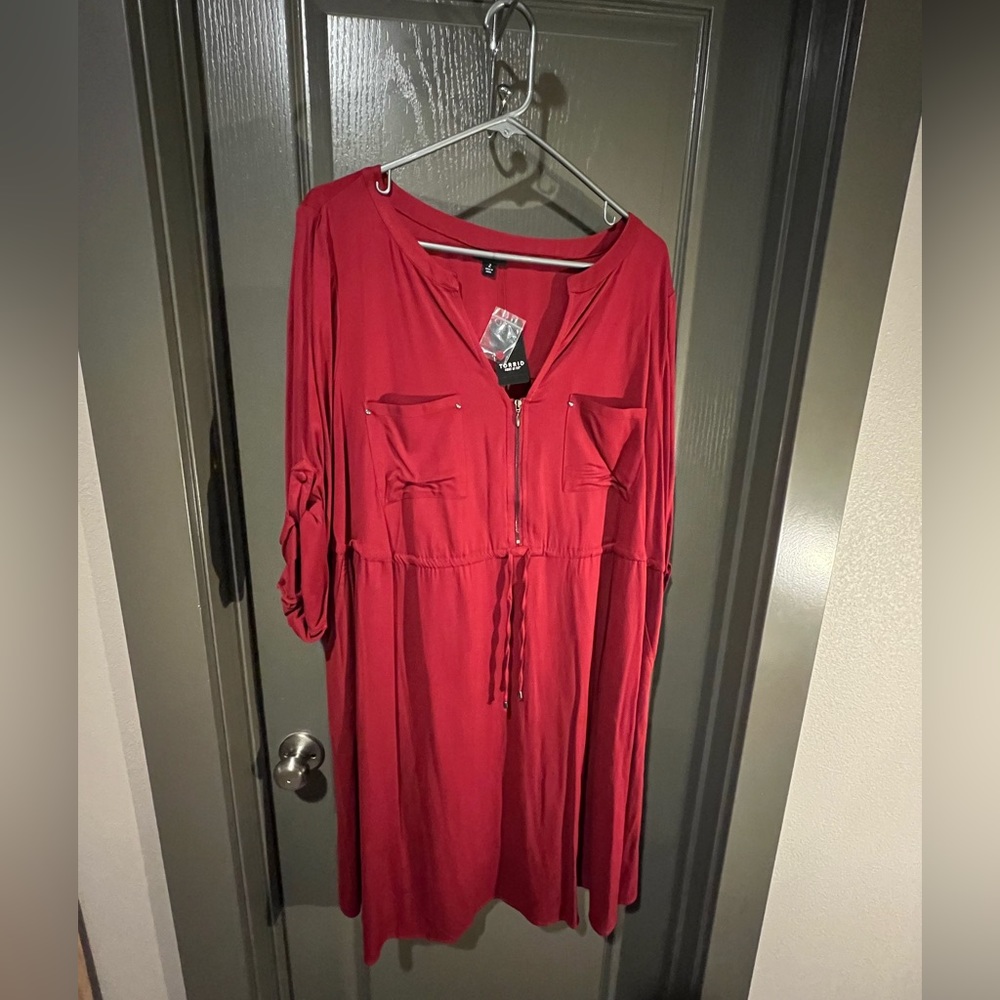 Cranberry cinch waist dress with zipper front from Torrid